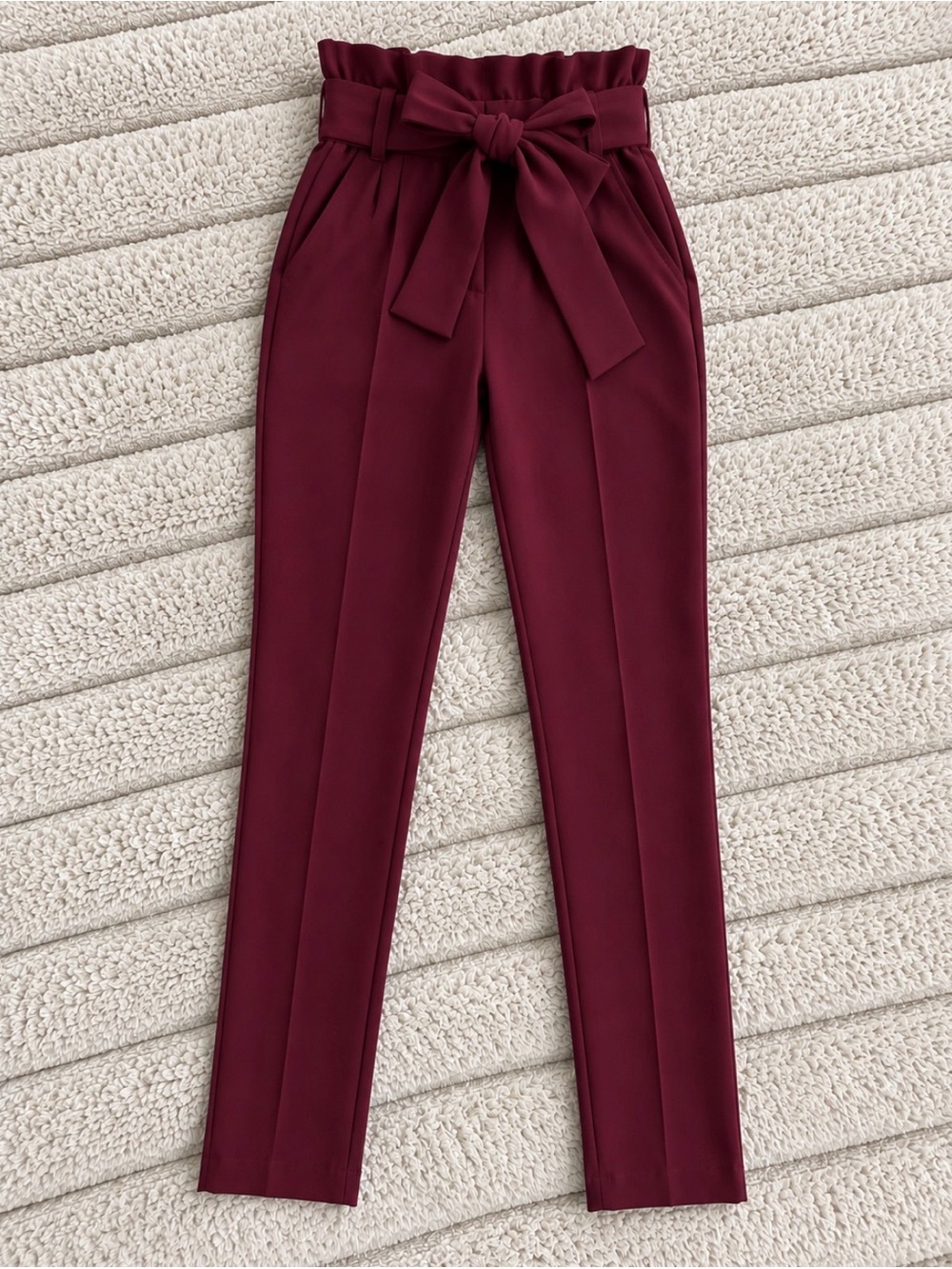 Paperbag High-Waist Trousers with Self-Tie Belt - Burgundy